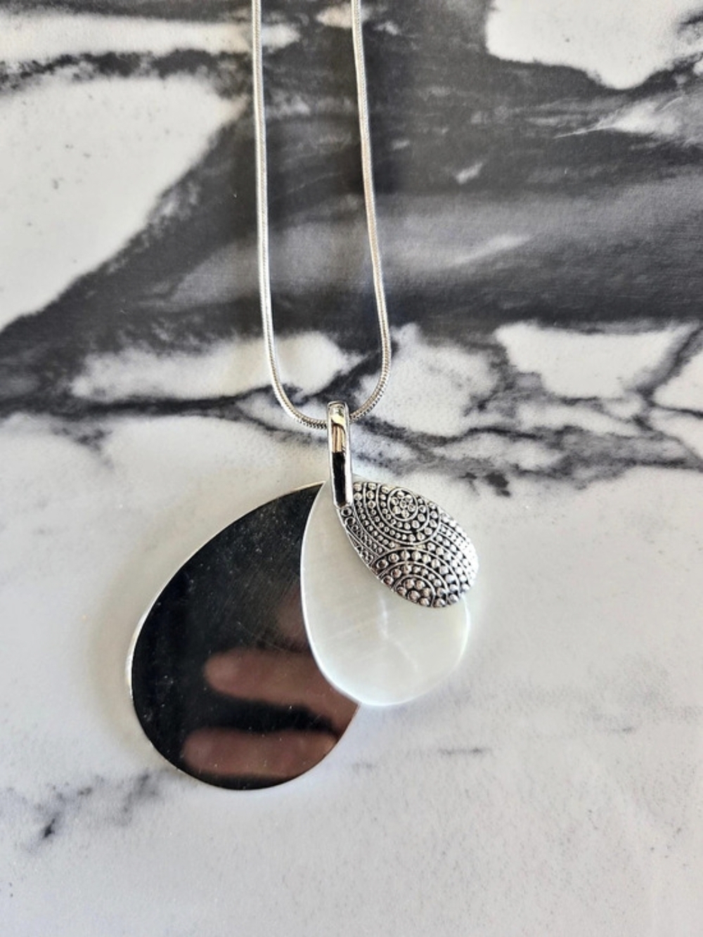 Silver-Tone Layered Teardrop Pendant Necklace Mother of Pearl Accent